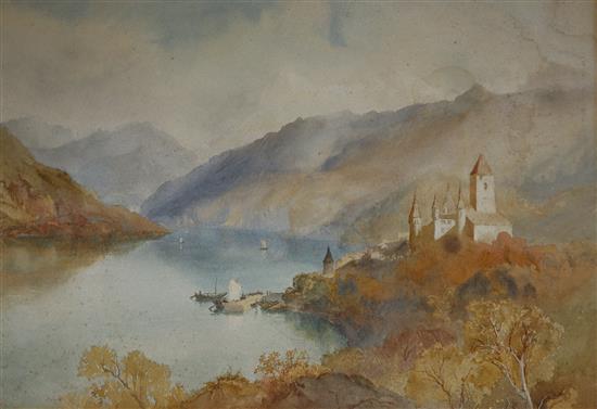 Richard Henry Wright, (1857-1930), watercolour landscape: Spietz, Switzerland, Castle on Lake Thun 36 x 52cm, unframed